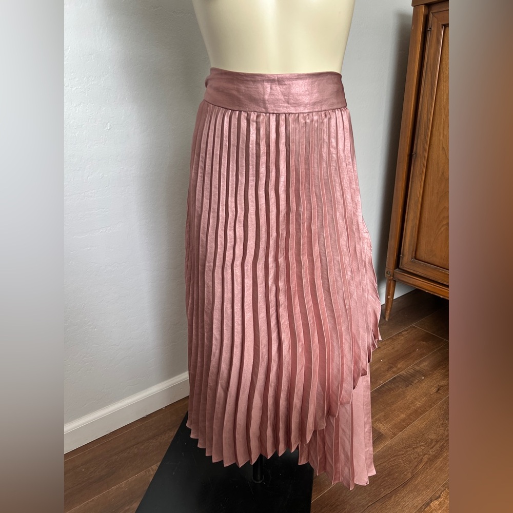 Anthropologie Pink Wrap Midi Skirt with Pleated High-Low Design